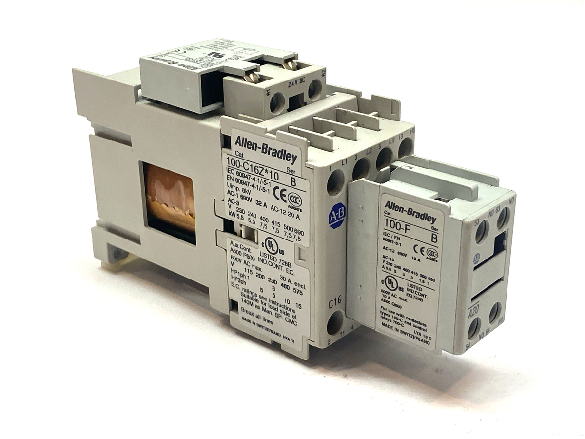 Allen-Bradley 100-C16ZE10 Series B Contactor 3P 600VAC 20A w/ 100-FSV55 & 100-F - Maverick Industrial Sales