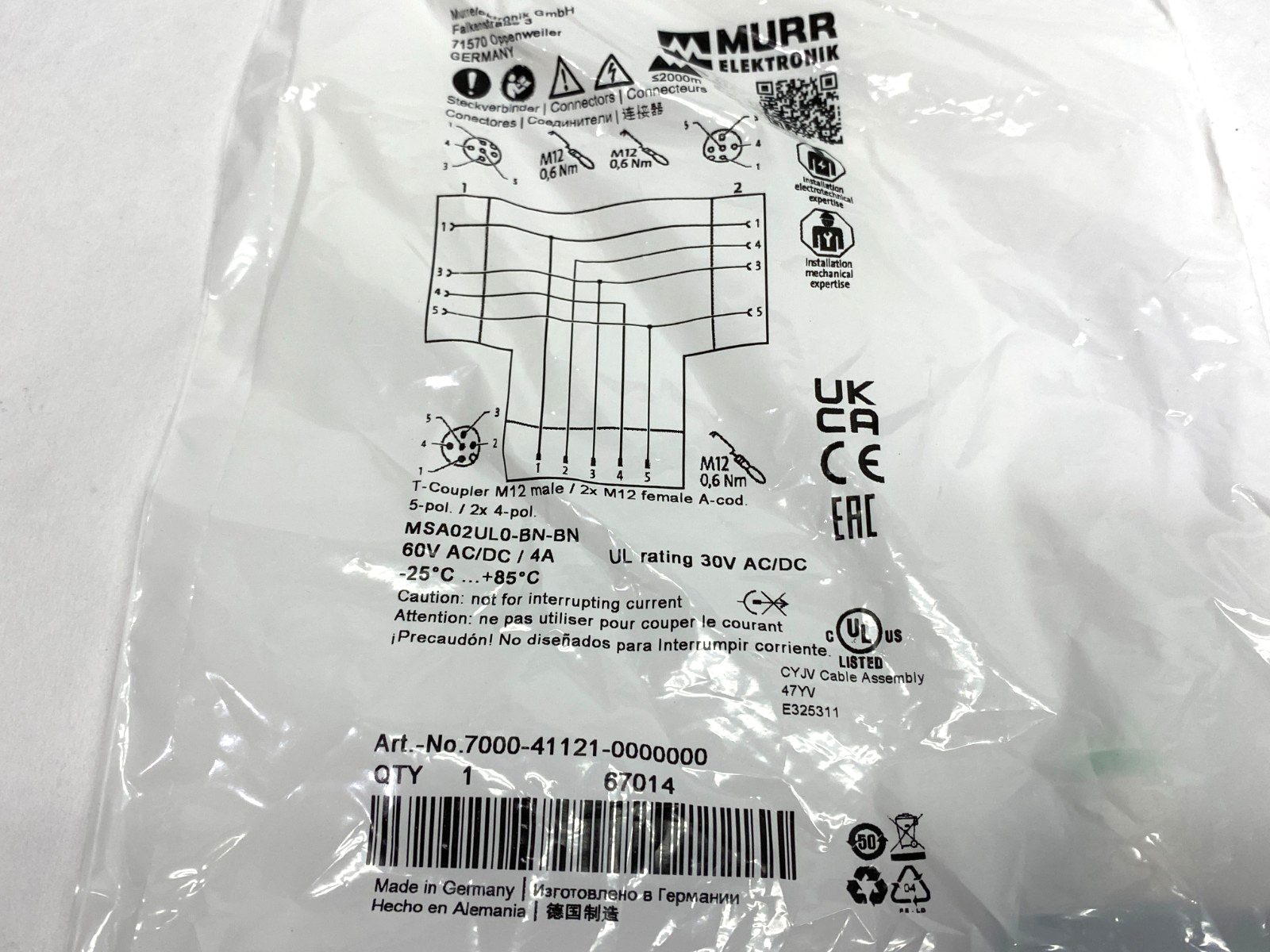 7000-41121-0000000 | Murr Elektronik T-Coupler M12 Male/ 2x Female A-cod. - New - Maverick Industrial Sales