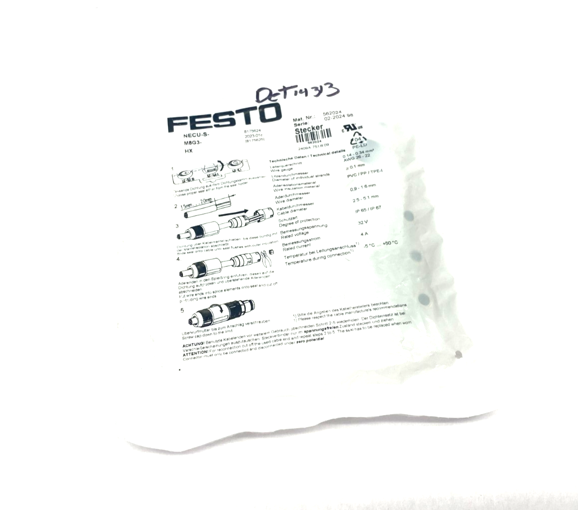 Festo NECU-S-M8G3-HX Field Wireable Connector M8 3-Pin 562024 - Maverick Industrial Sales