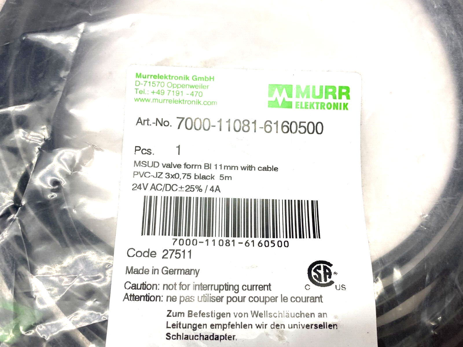 Murrelektronik 7000-11081-6160500 MSUD Valve Plug Cordset BI-11mm 180 Degree - Maverick Industrial Sales