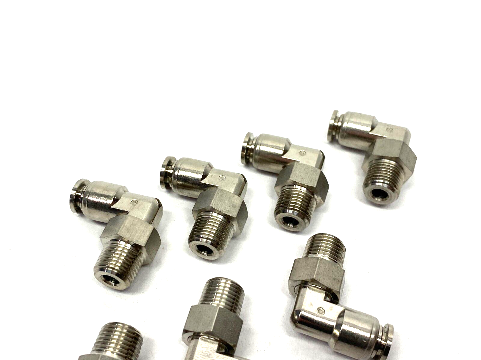 Stainless Steel Swivel Snap-Connect Elbow Fitting 4mm OD 1/8" Thread LOT OF 8 - Maverick Industrial Sales