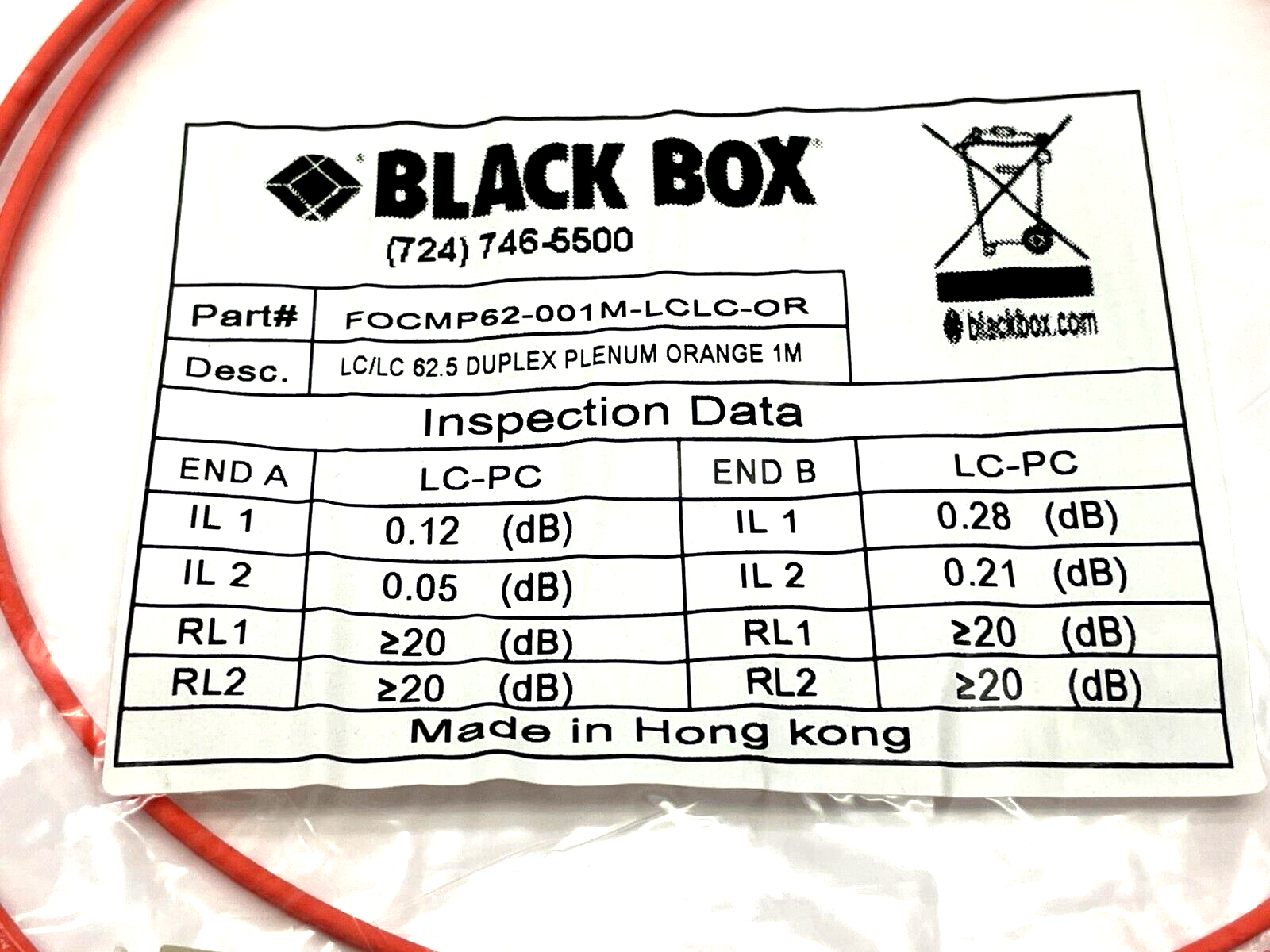 Black Box FOCMP62-001M-LCLC-OR Duplex Patch Cable 1m Length - Maverick Industrial Sales