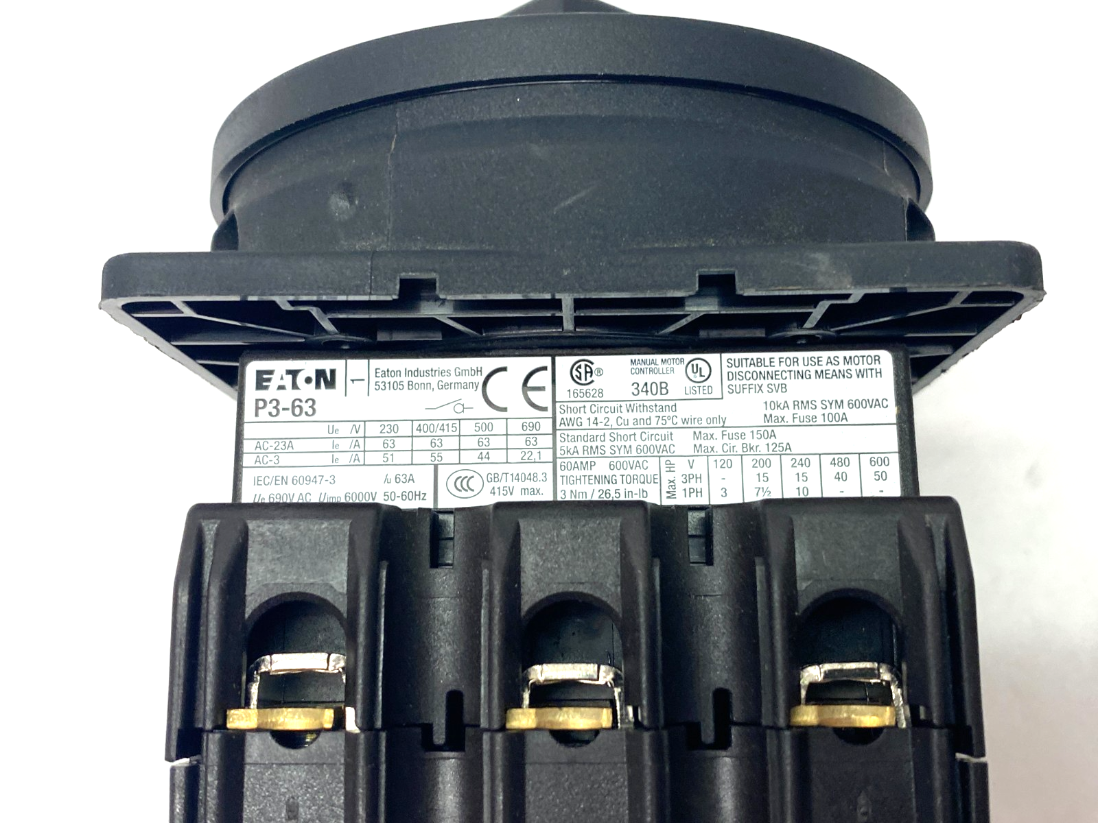 Eaton Moeller P3-63/EA/SVB-SW Rotary Disconnect Main Switch, Flush Mount, Black - Maverick Industrial Sales