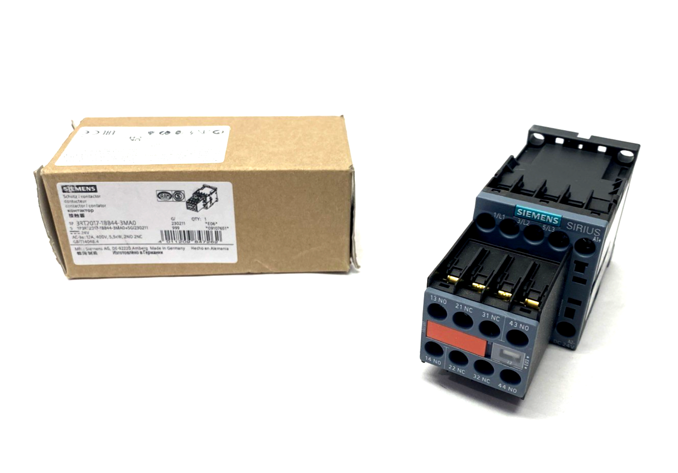 3RT2017-1BB44-3MA0 | Siemens Contactor 3-Pole 12A 5.5kW, 24V DC Coil 2NO 2NC - New - Maverick Industrial Sales