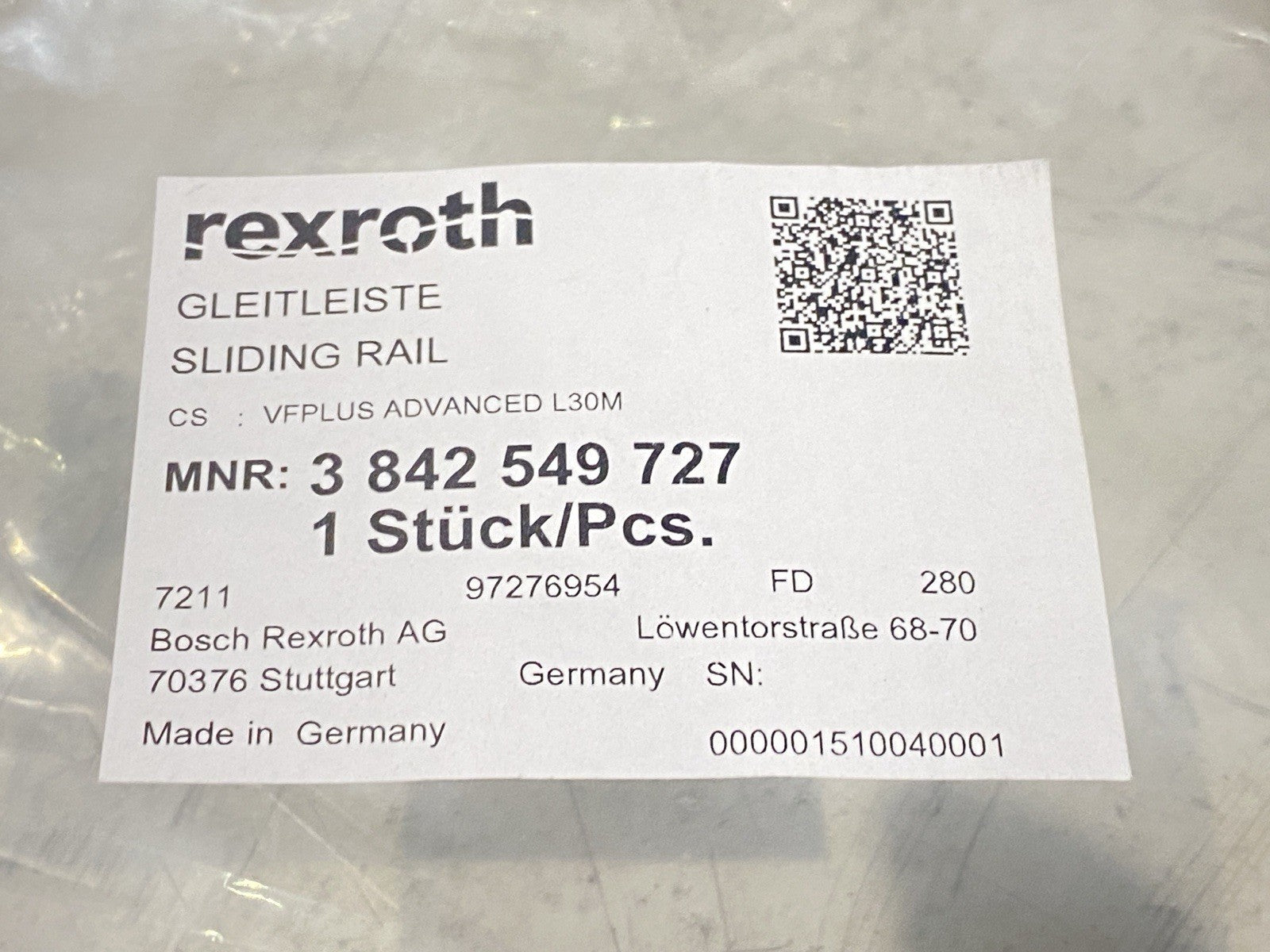 3 842 549 727 | Bosch Rexroth 3842549727 Sliding Rail VFPLUS Advanced 30m - New – Open box - Maverick Industrial Sales