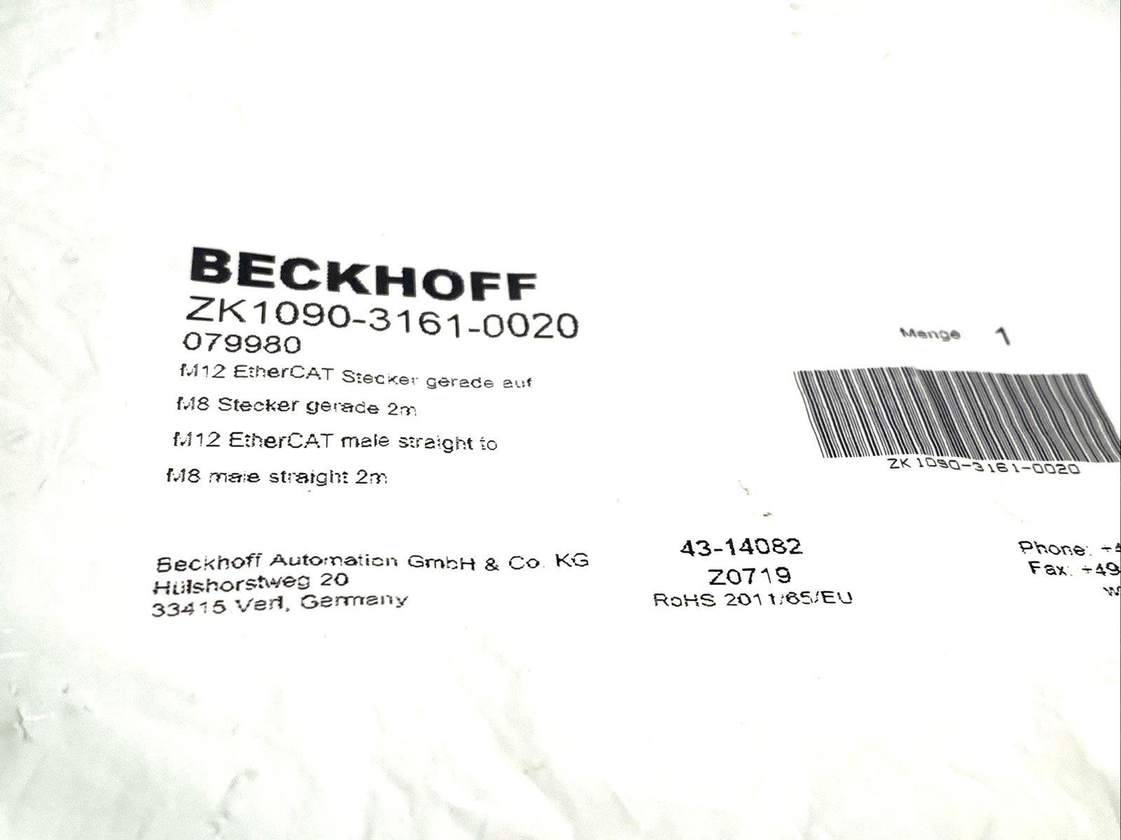 ZK1090-3161-0020 | Beckhoff EtherCAT Cable, PUR, AWG26 Male M8 To M12 4-Pin 2m - New - Maverick Industrial Sales