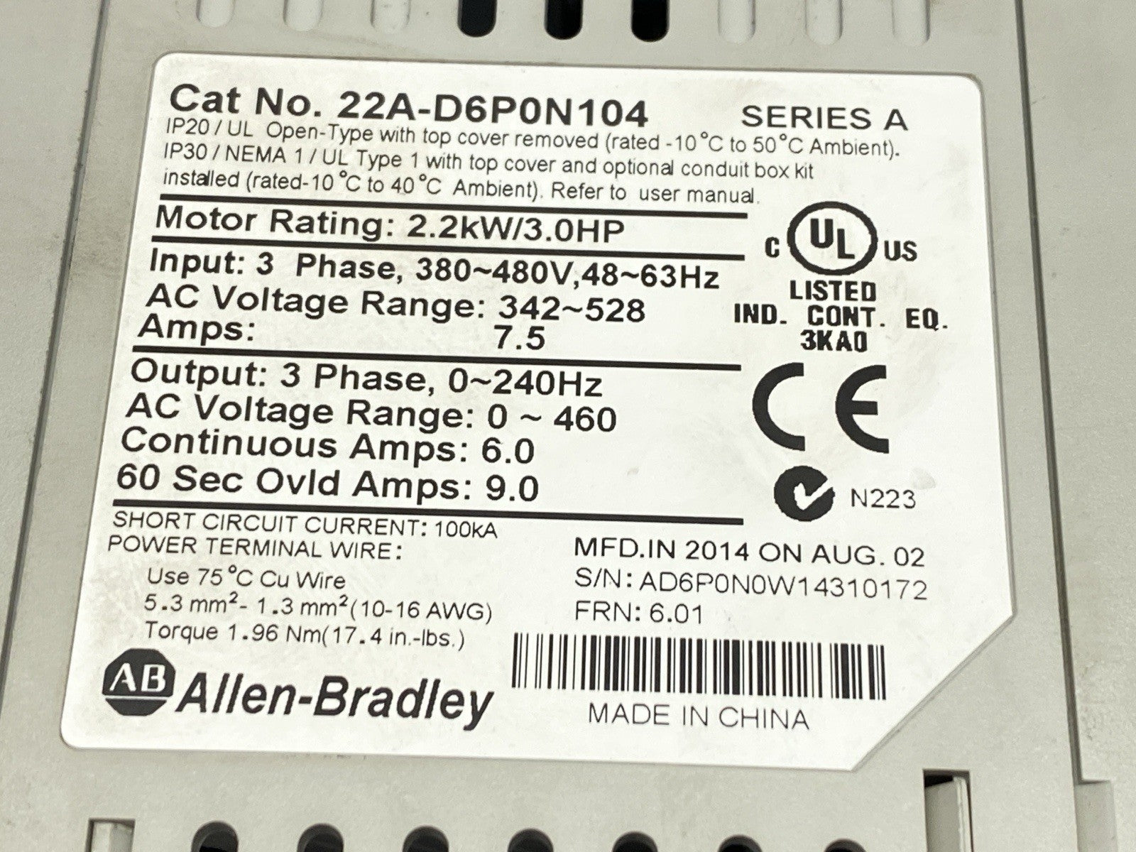 Allen Bradley 22A-D6P0N104 Ser A PowerFlex AC Drive 4 2.2kW 3HP - Maverick Industrial Sales