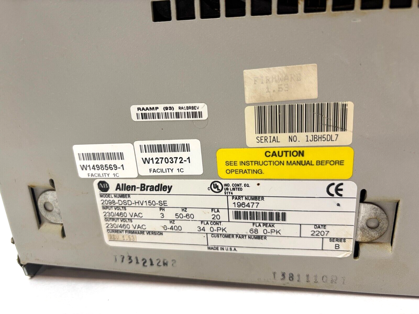 Allen Bradley 2098-DSD-HV150-SE, Ser. B, Ultra 3000 Servo Drive, V1.53, 2207 - Maverick Industrial Sales