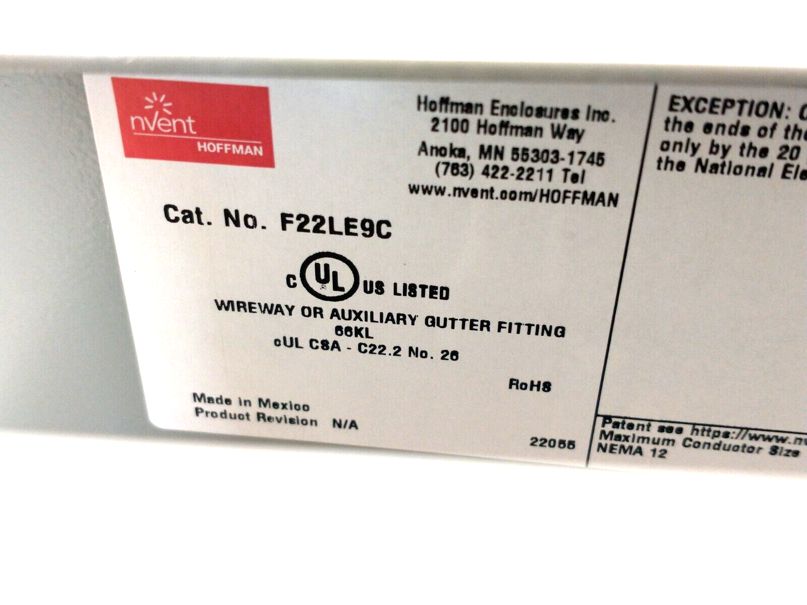 F22LE9C | Hoffman 90-Degree Elbow Lay-In Wireway Outside Opening 2.5" x 2.5" - New – Open box - Maverick Industrial Sales