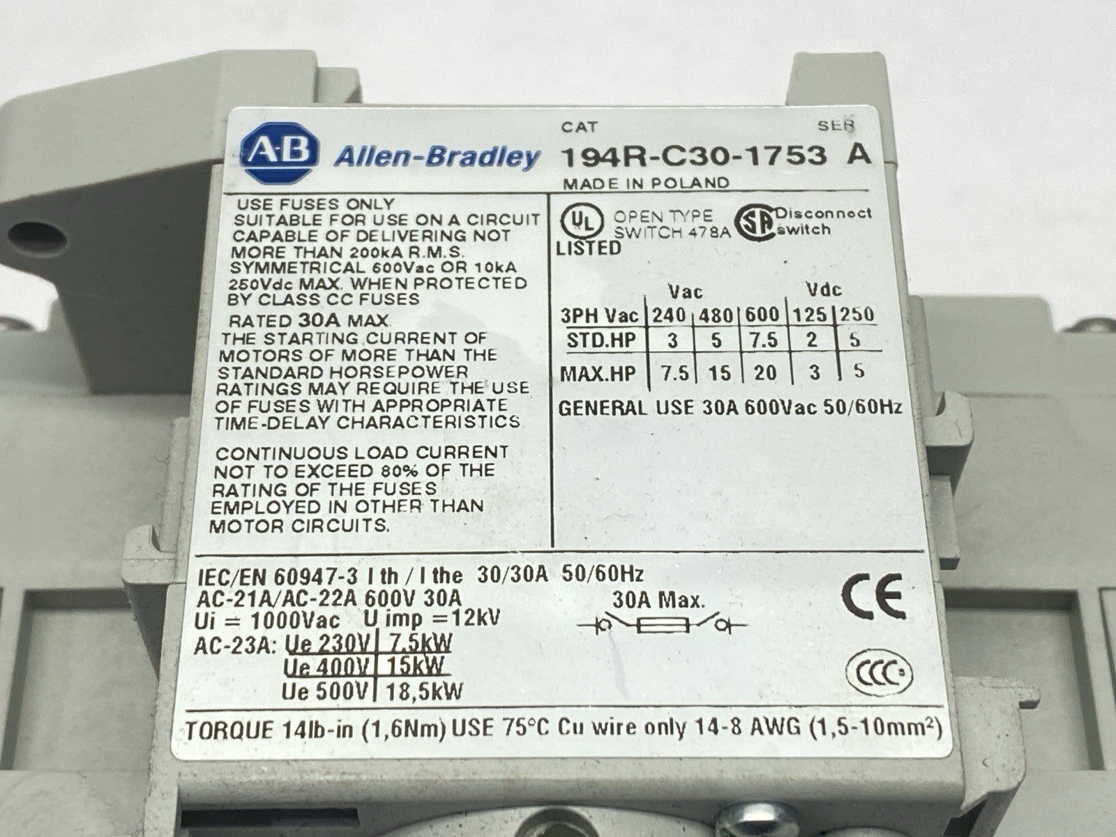 Allen Bradley 194R-C30-1753 Ser A Disconnect Switch 30A 600V - Maverick Industrial Sales