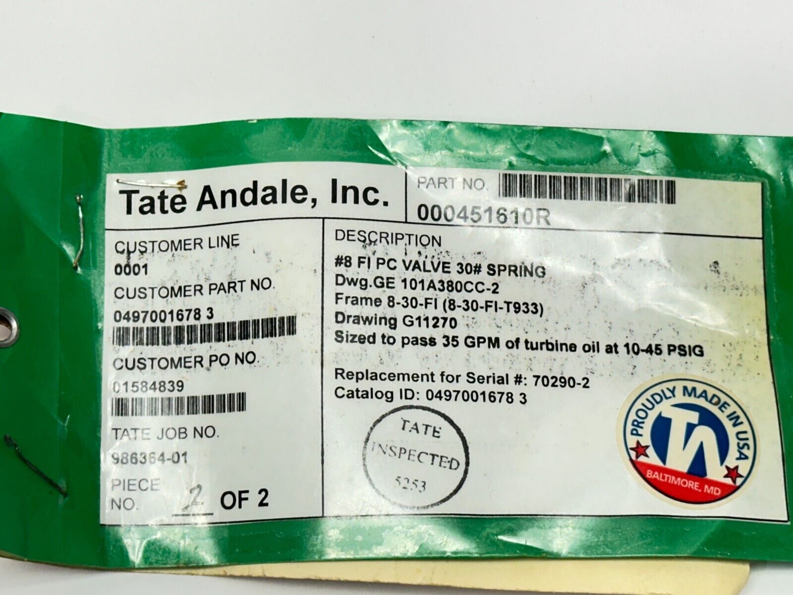 Tate Andale 000451610R FI PC #8 Valve 30# Spring 101A380CC-2 8-30-FI - Maverick Industrial Sales
