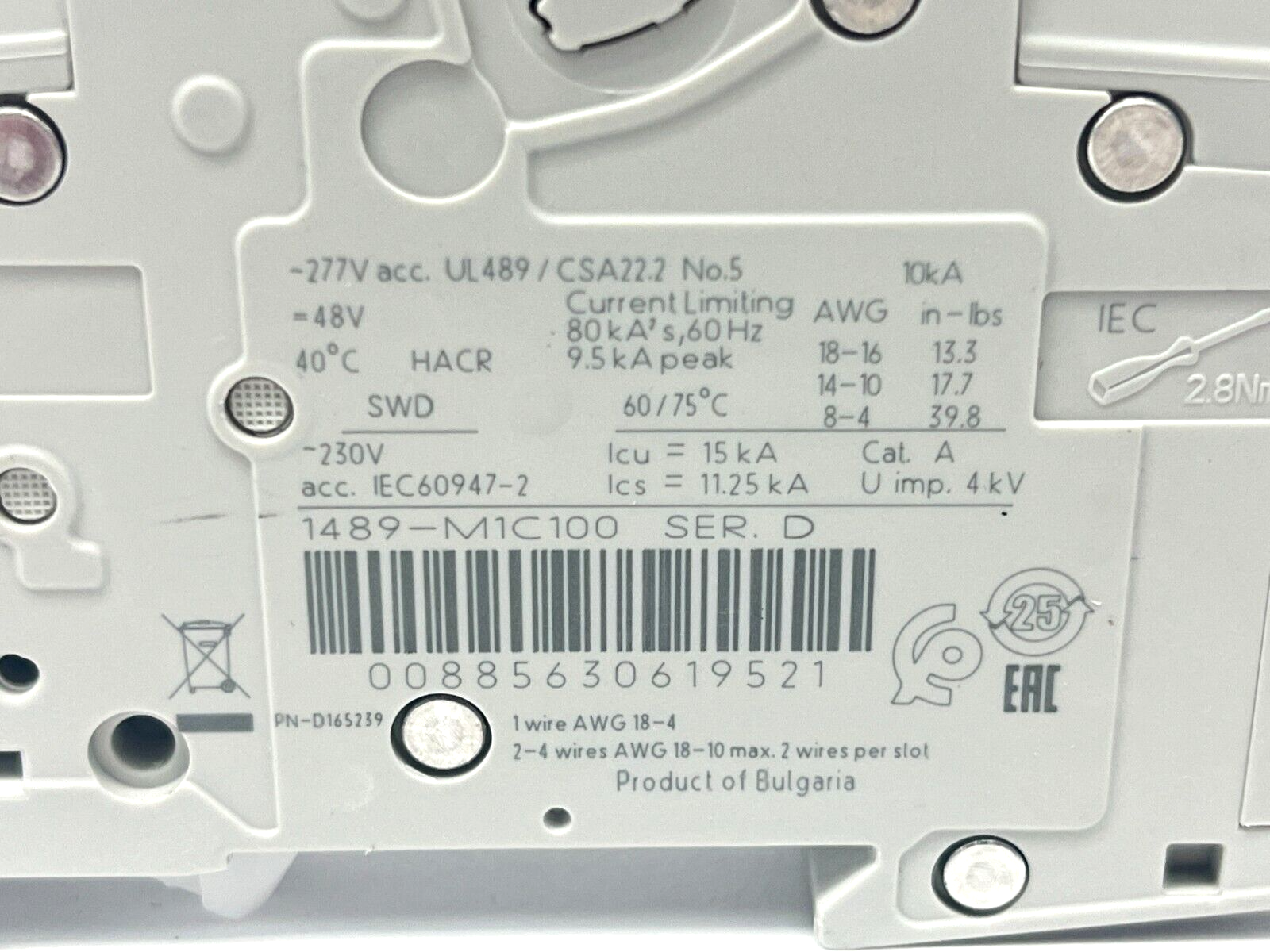 Allen Bradley 1489-M1C100 Ser D Circuit Breaker 10A 277V 1PH - Maverick Industrial Sales