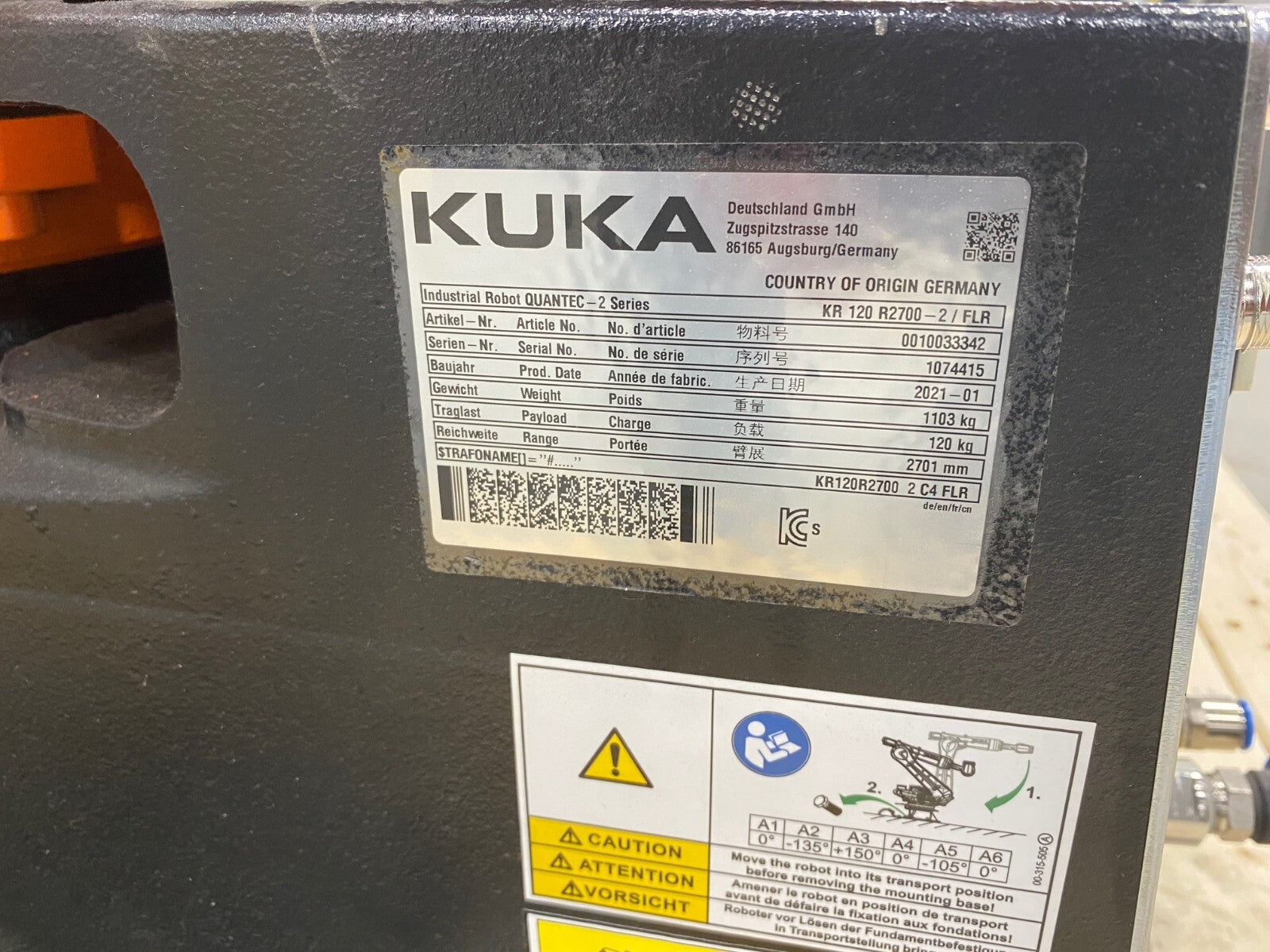 Kuka KR 120 R2700-2 / FLR Robot System w/ KR C4 NA UL Cabinet Controller, 2021 - Maverick Industrial Sales