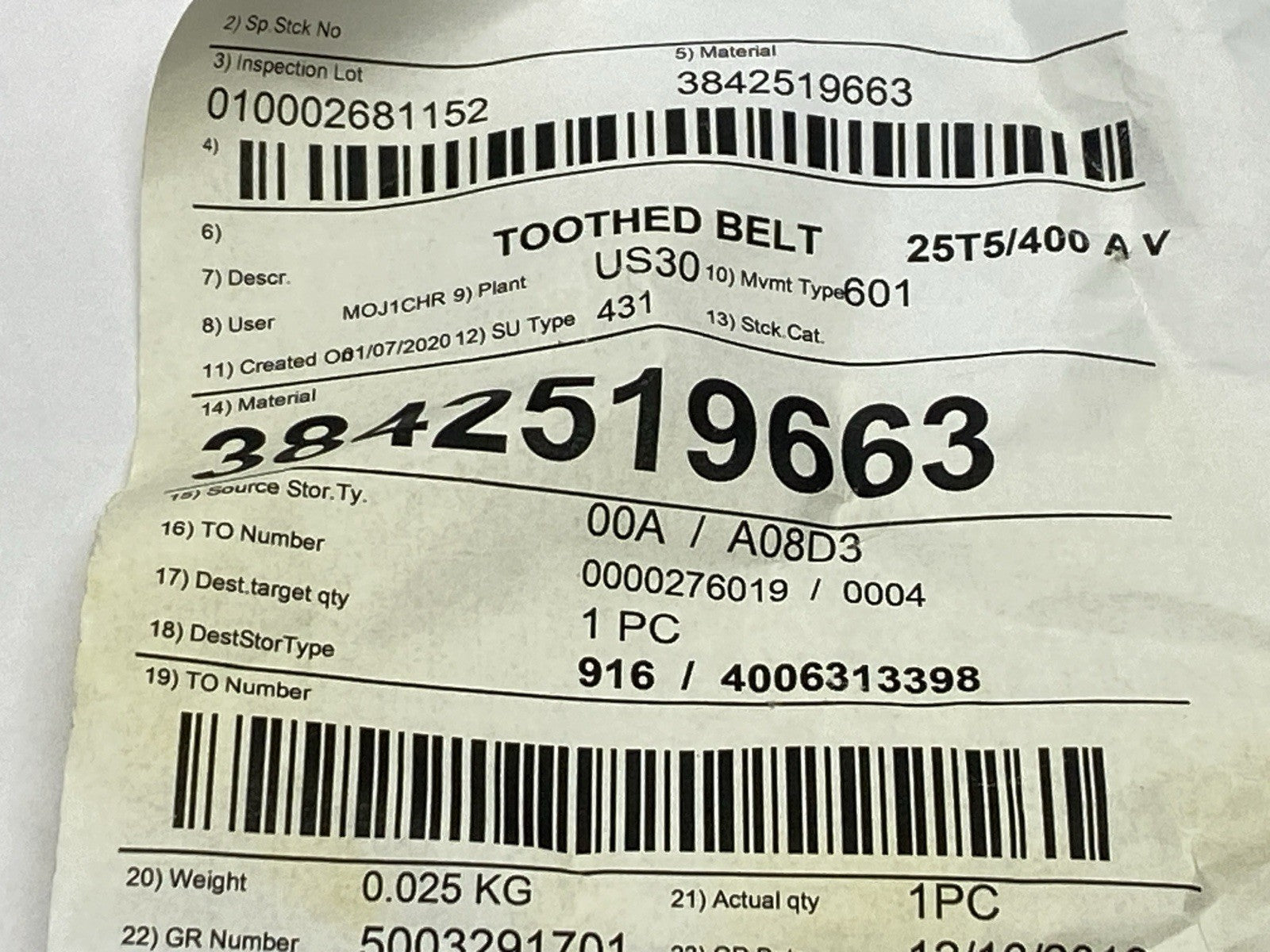 Bosch Rexroth 3842519663 Toothed Belt 25T5/400 - Maverick Industrial Sales