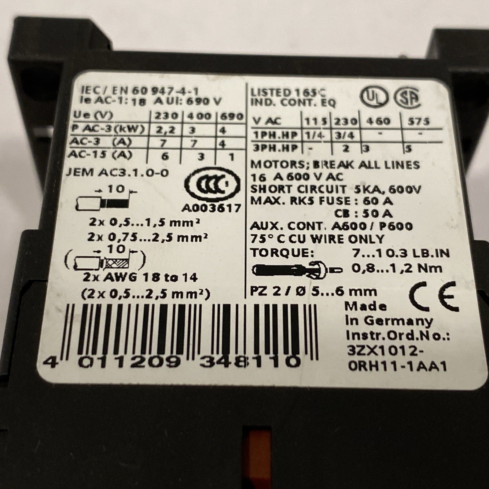 Siemens 3RT1015-1AK61 Contactor AC-3 7A - Maverick Industrial Sales