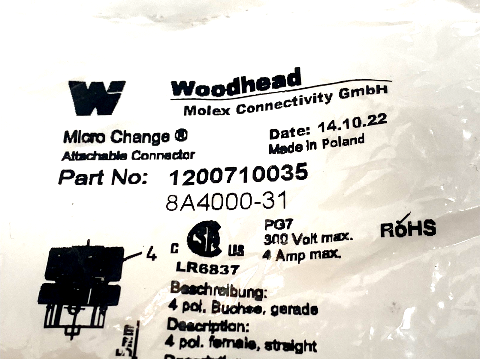 1200710035 | Woodhead M12 Connector Plug 4-Pole Female 300V - New - Maverick Industrial Sales