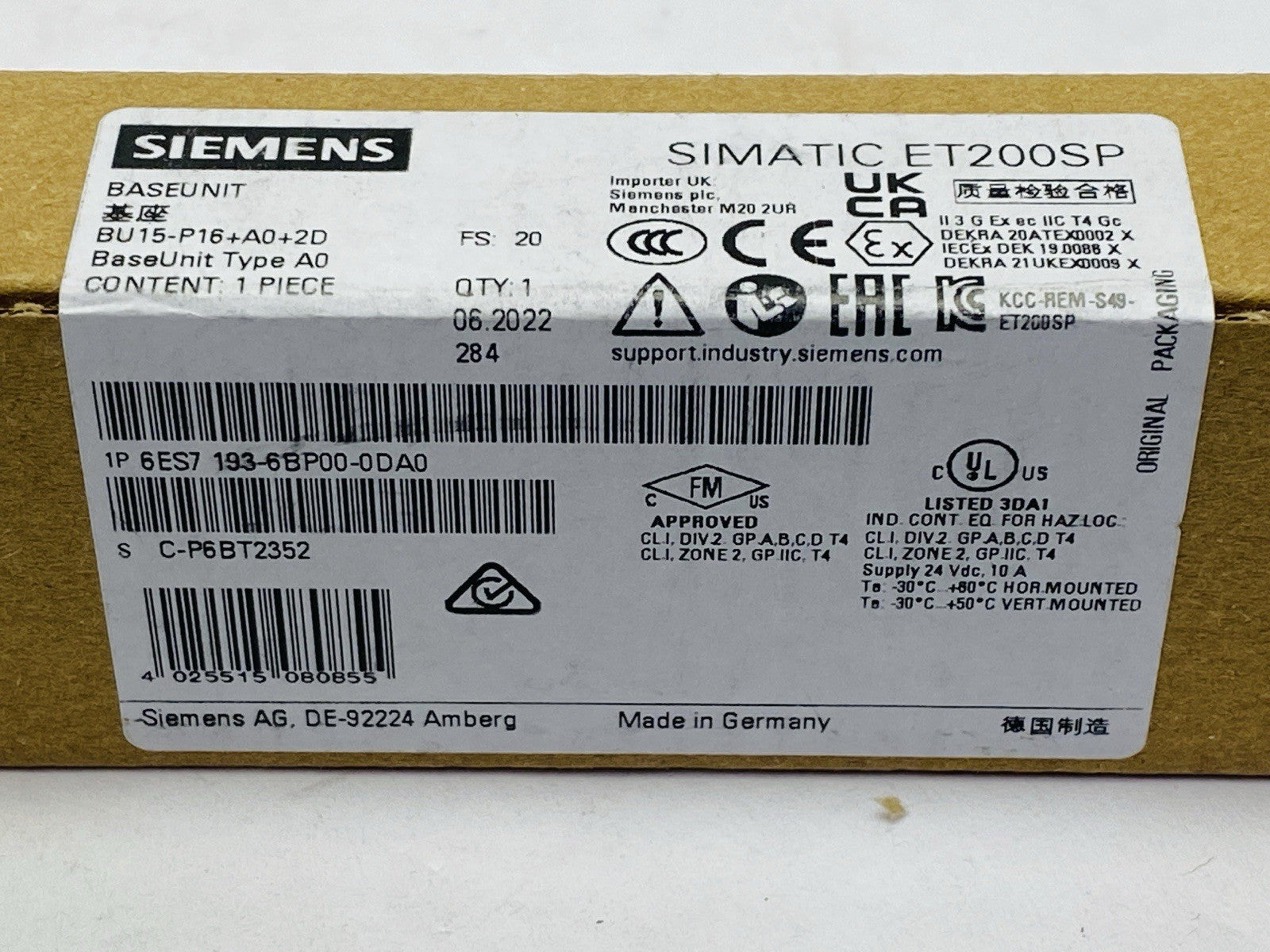 Siemens 6ES7 193-6BP00-0DA0 SIMATIC ET200SP Base Unit BU Type AO - Maverick Industrial Sales