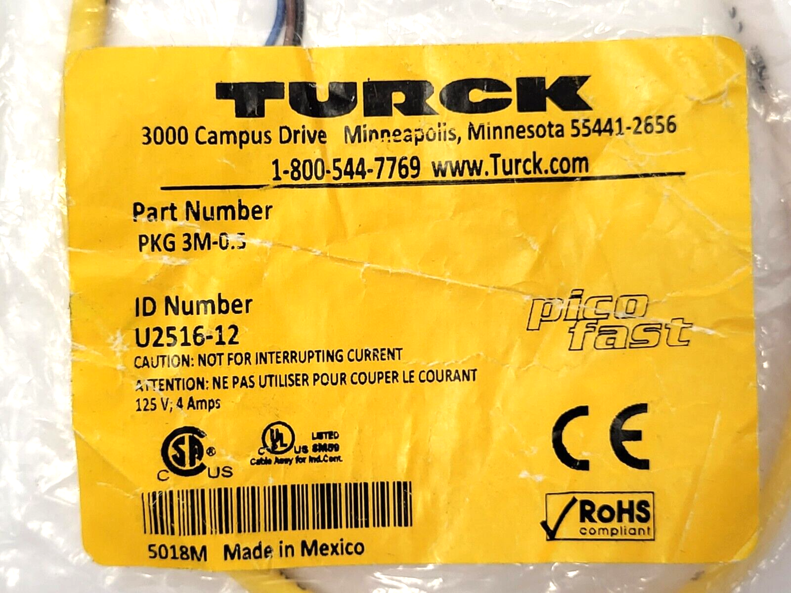 Turck PKG 3M-0.5 Picofast M8, Female, 3-Pin Actuator and Sensor Cordset U2516-12 - Maverick Industrial Sales