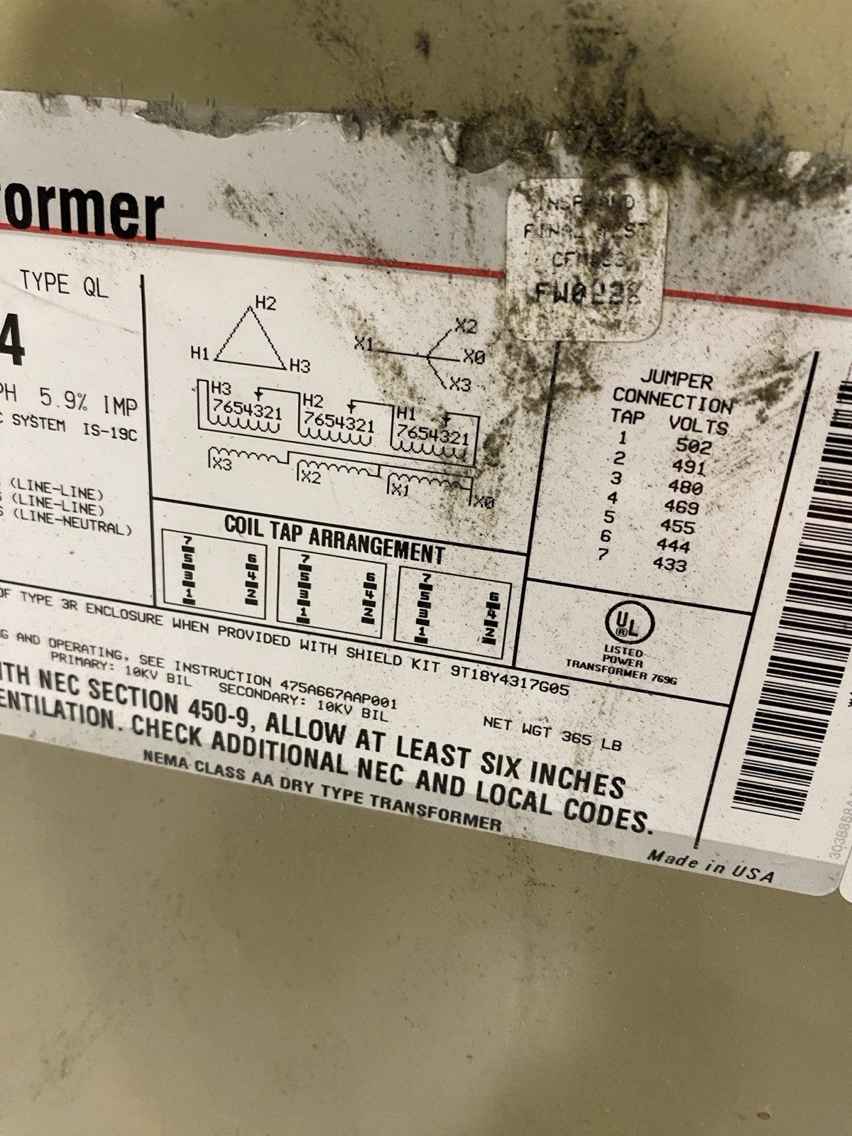 9T23B3864 | GE Transformer Type QL 50.0 kVA 60Hz 3 PH 5.9% 1MP 480V-208/120V - Used - Maverick Industrial Sales