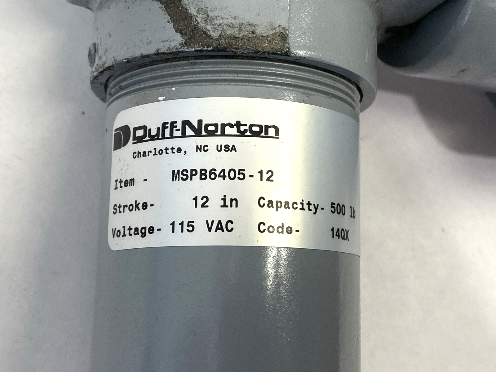 MSPB6405-12 | Duff Norton Linear Actuator 500lb Capacity 12" Stroke 115VAC - Used - Maverick Industrial Sales