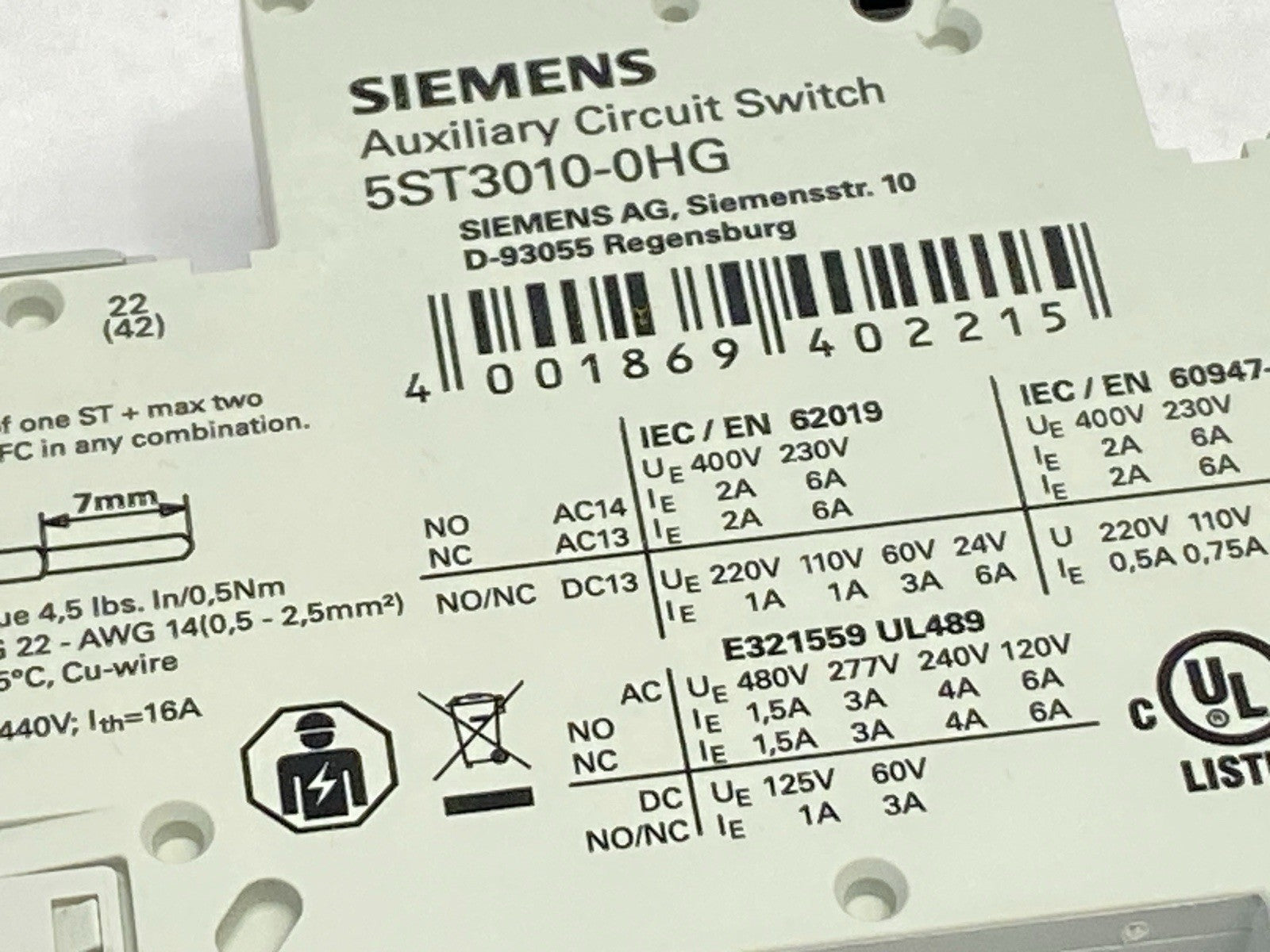 Siemens 5SJ4106-7HG42 Circuit Breaker 1P 6A 277VAC/480V w/ 5ST3010-0HG Switch - Maverick Industrial Sales