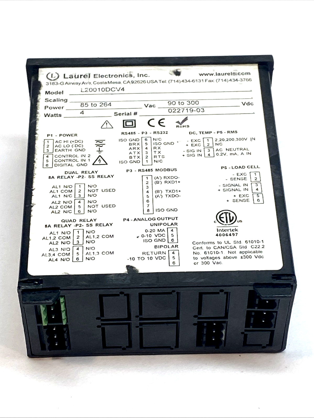 L20010DCV4 | Laurel DC Voltage Current Panel Meter 1/8 Din Red LED 85–264VAC - Used - Maverick Industrial Sales
