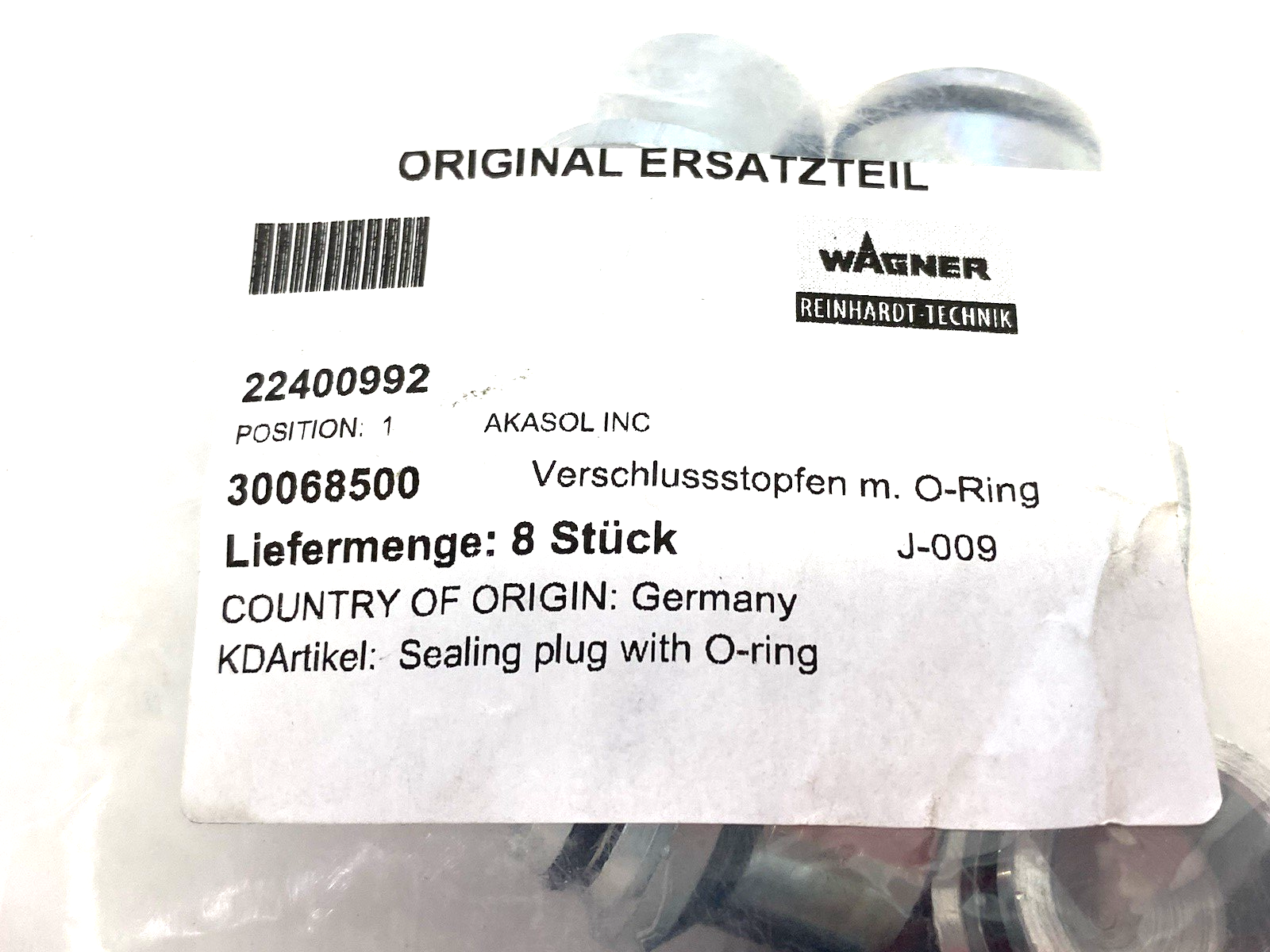 22400992 | Wagner Reinhardt-Technik Sealing Plug with O-Ring PKG OF 8 - New - Maverick Industrial Sales