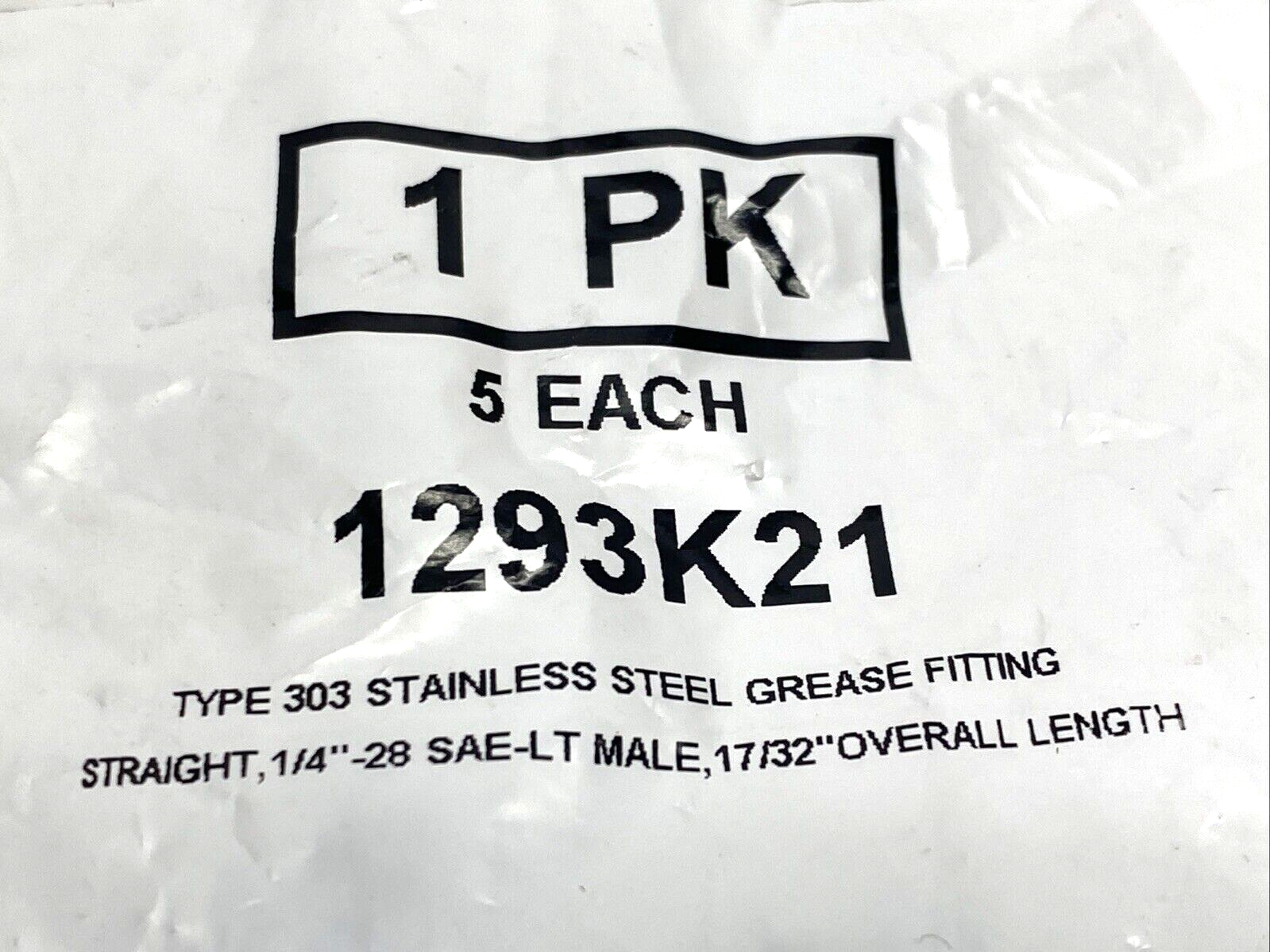1293K21 303 SS Grease Fitting, Straight, 1/4"-28 SAE-LT Male, 17/32" Tall 5-PACK - Maverick Industrial Sales