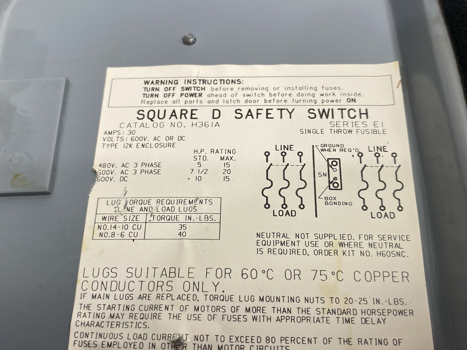 H361A | Schneider Square D Safety Switch, Heavy duty, Fusible, 30A, 3-Pole, 20HP - Used - Maverick Industrial Sales