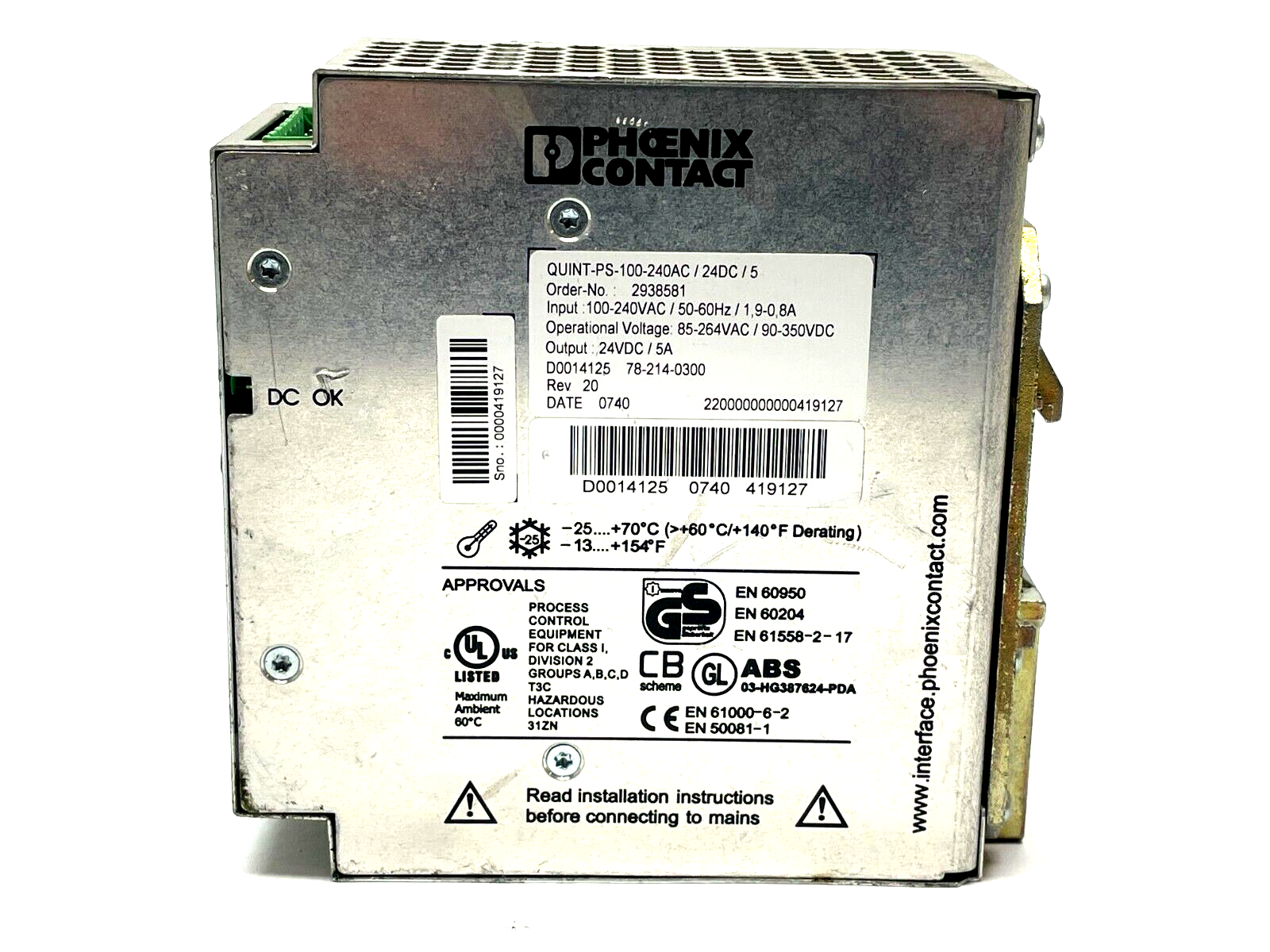 QUINT-PS-100-240AC/24DC/ 5 | Phoenix Contact Power Supply Unit 2938581 - For parts or not working - Maverick Industrial Sales
