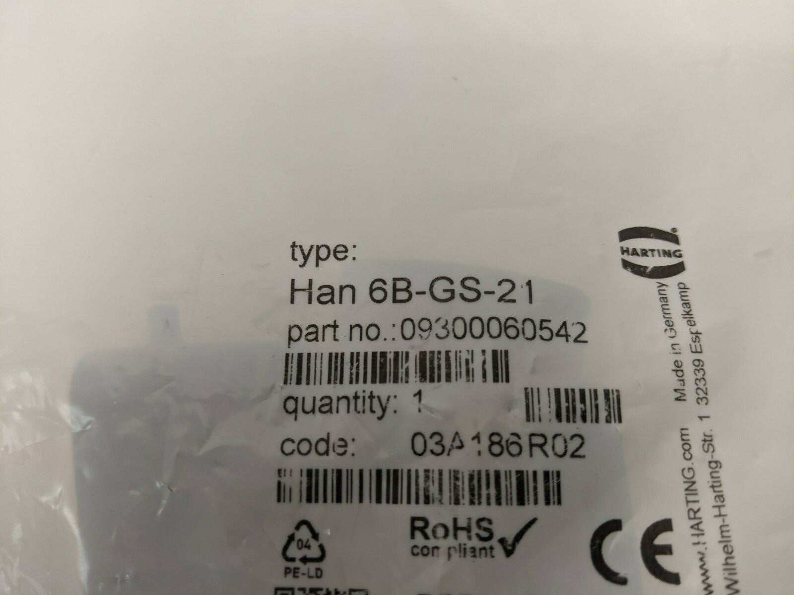 09300060542,09 30 006 0542 | Harting 09 30 006 0542 Han B Hood Side Entry HC 2 Pegs 6B-GS-21 - New - Maverick Industrial Sales