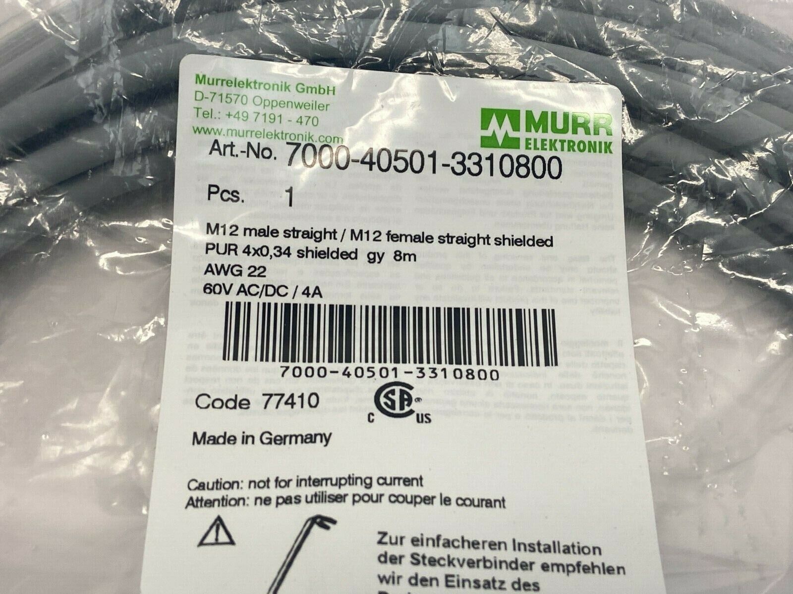Murr Elektronik 7000-40501-3310800 Connection Cable M12 Male/ Female 8m Length - Maverick Industrial Sales