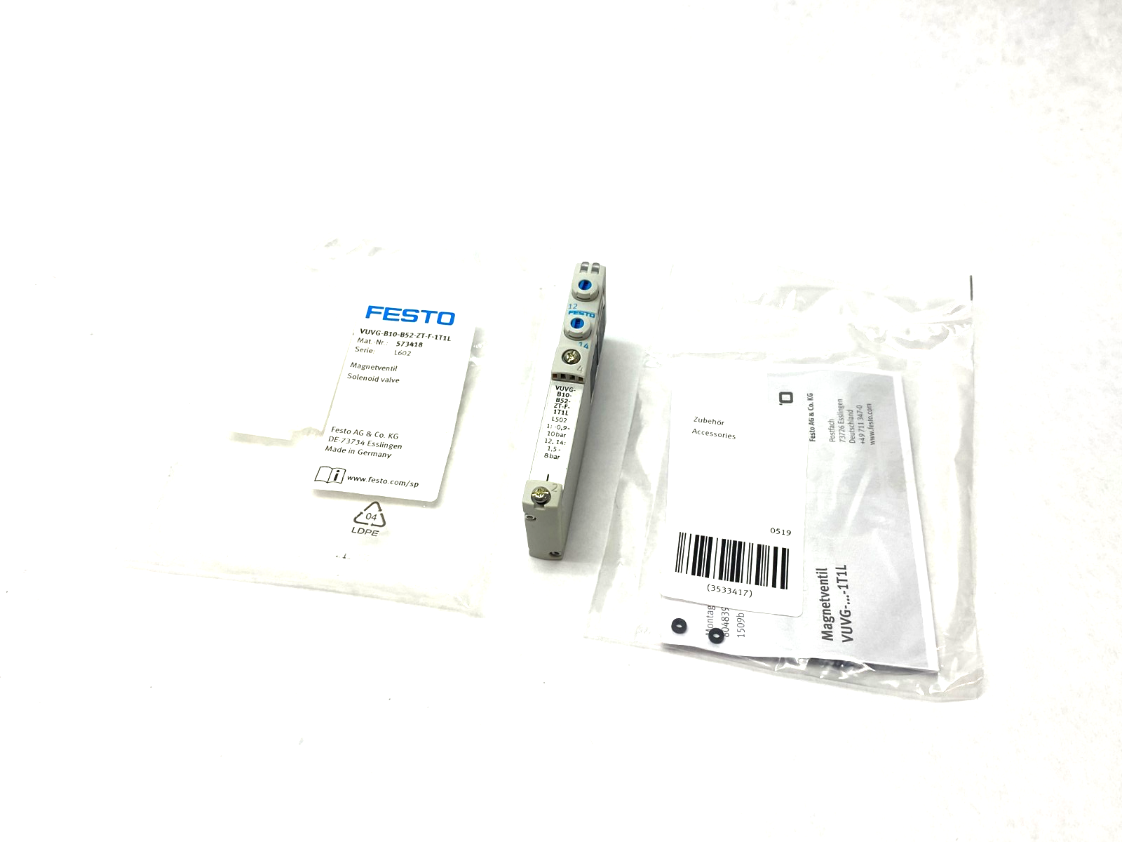 Festo VUVG-B10-B52-ZT-F-1T1L Solenoid Valve, 5/2 Bistable, 573418 - Maverick Industrial Sales