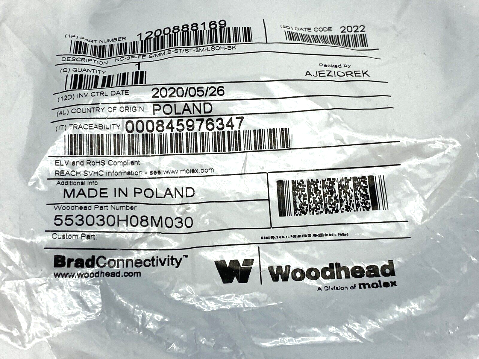 Molex Brad Connectivity 1200888169 Double-Ended Cordset - Maverick Industrial Sales