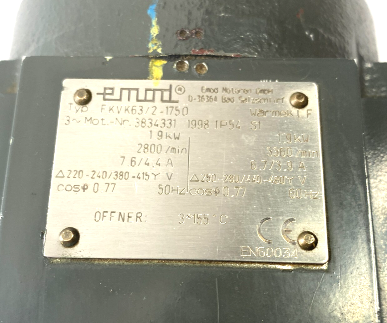 Emod FKVK63/2-1750 3-Phase Electric Motor 1.90kW 2800/3360rpm 3834331 - Used - Maverick Industrial Sales