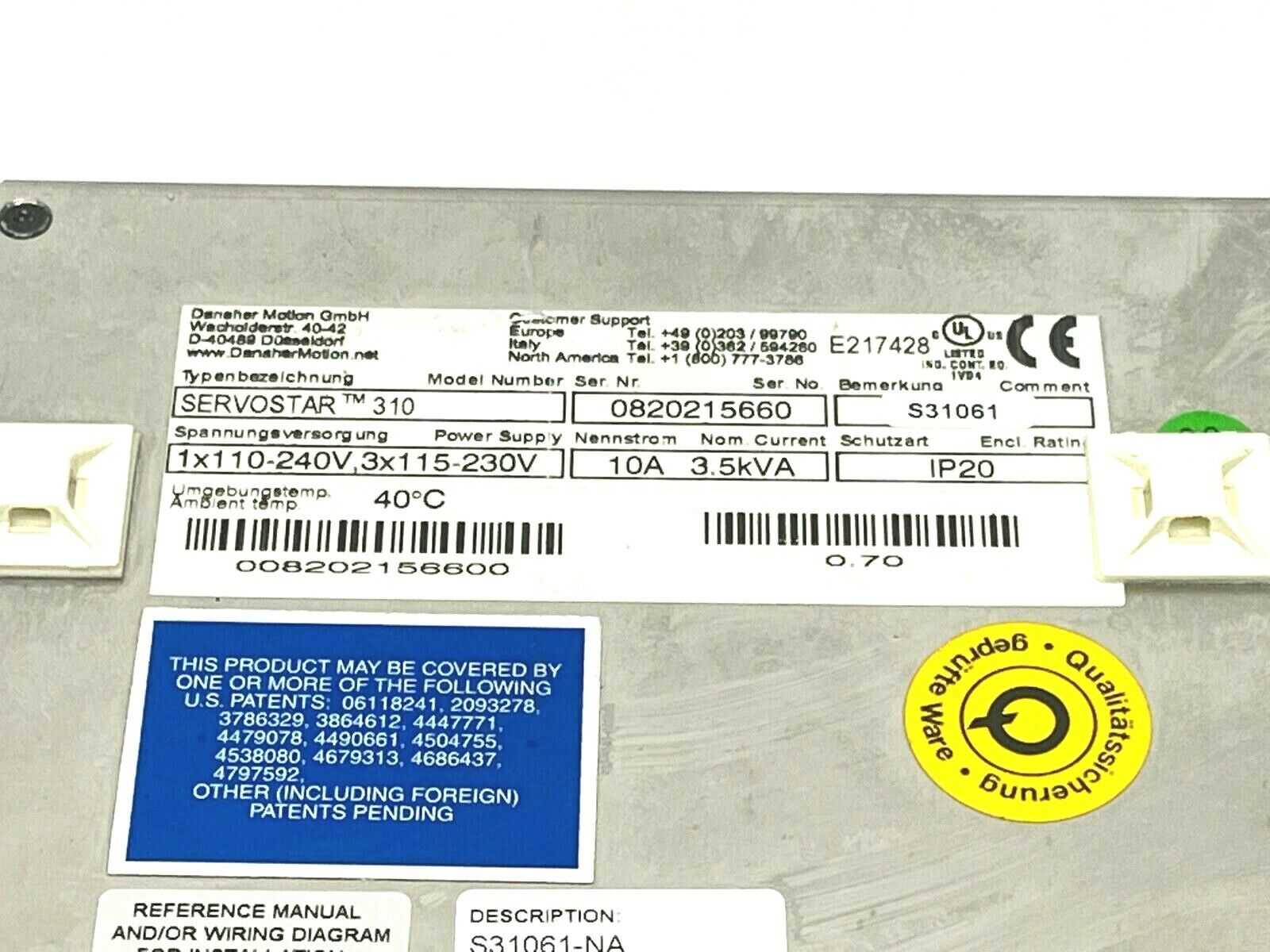 Danaher Motion Servostar 310 0820215660 Servo Drive Amplifier - Maverick Industrial Sales