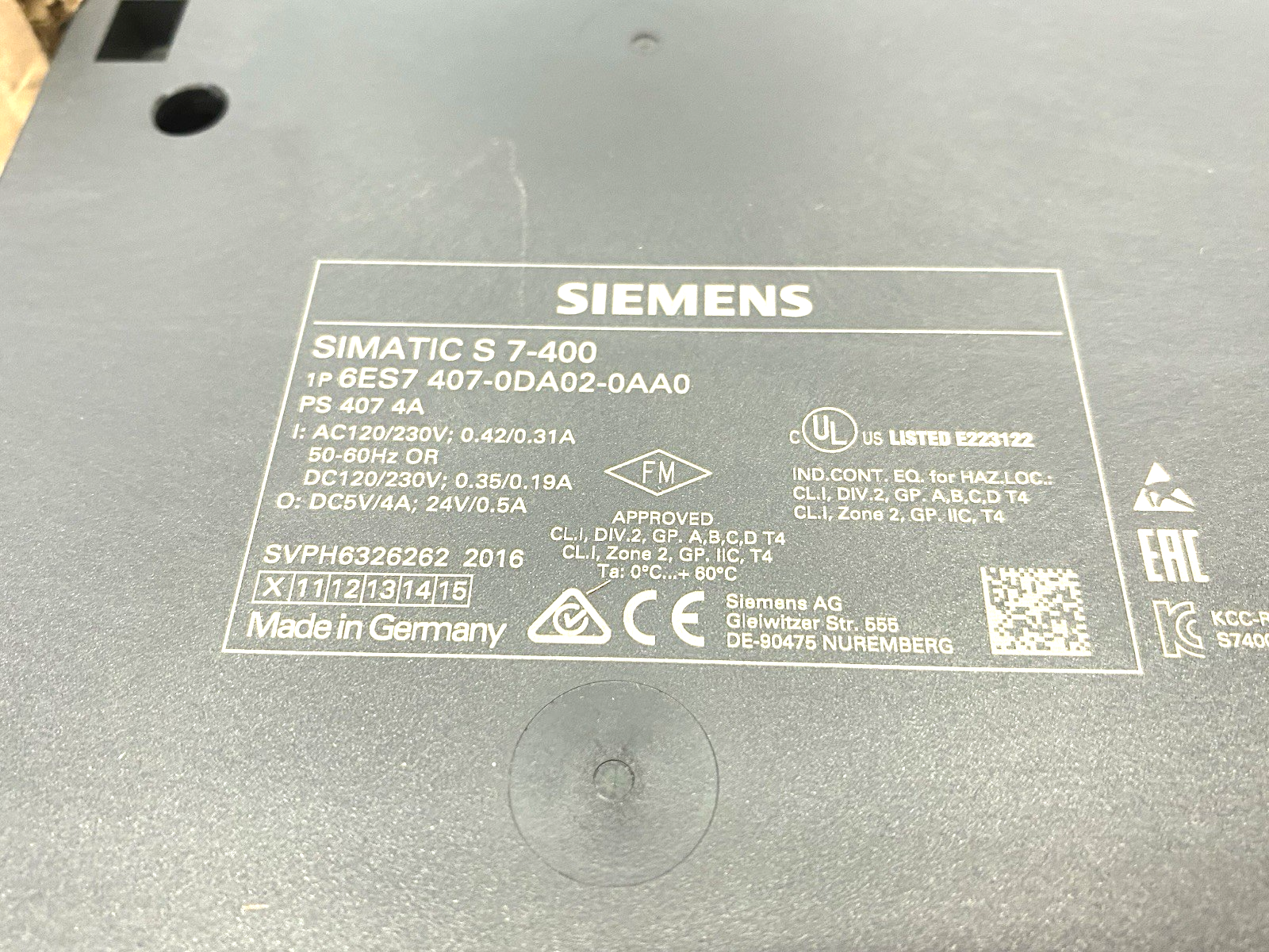 Siemens 6ES7407-0DA02-0AA0 SIMATIC S7-400 SV Power Supply Module BROKEN CORNER - Maverick Industrial Sales