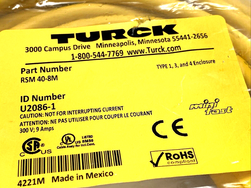 Turck RSM 40-8M Single-End Cordset 7/8" Male Straight 4-Pin 8m U2086-1 - Maverick Industrial Sales