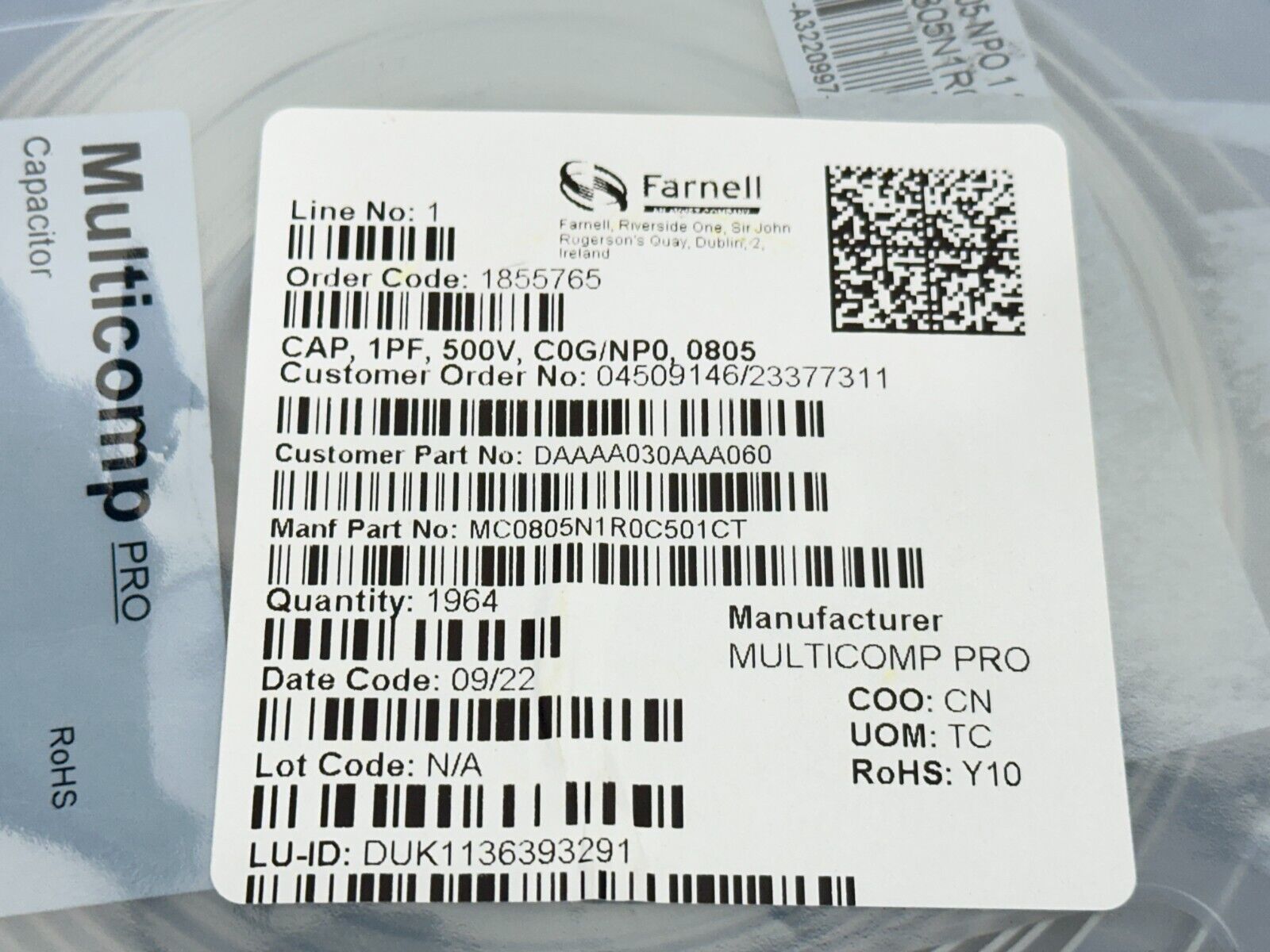 Multicomp Pro MC0805N1R0C501CT SMD Multilayer Capacitor 1pF 500V LOT OF 3990 - Maverick Industrial Sales