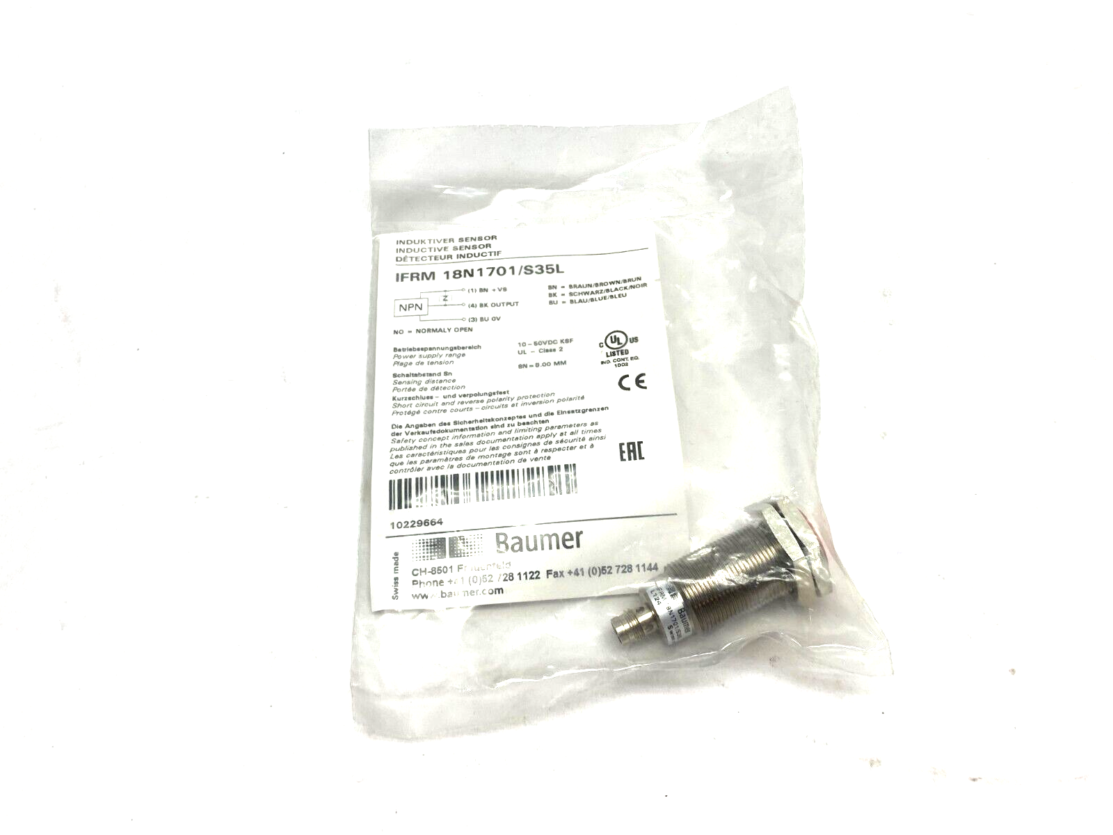 Baumer IFRM 18N1701/S35L Inductive Proximity Switch Quasi-Flush Mount 10229664 - Maverick Industrial Sales