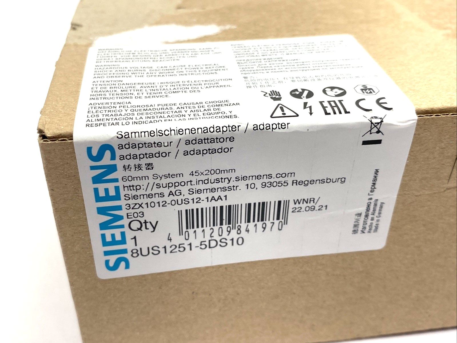 Siemens 8US1251-5DS10 Device Adapter S00/S0 25A 45x200mm, For 60mm Busbar System - Maverick Industrial Sales