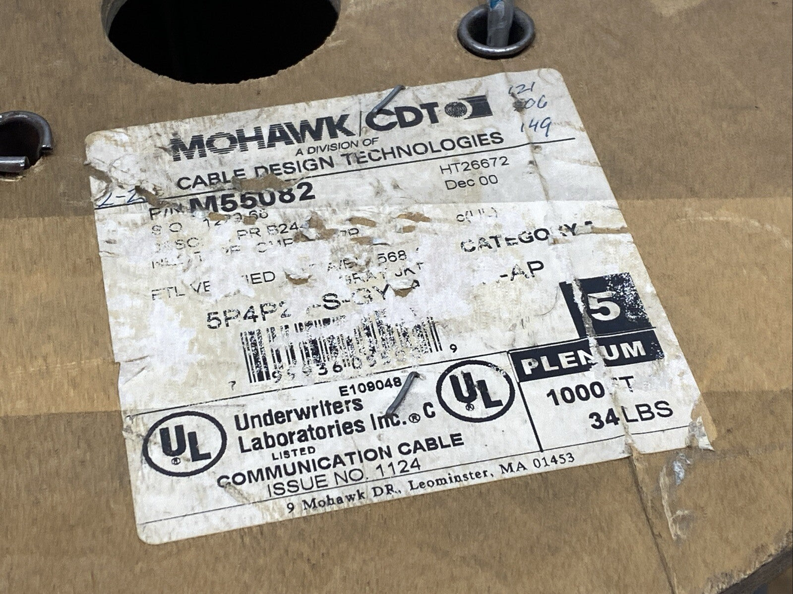 Mohawk CDT M55082 Ethernet Cable Cat5E FT6 Plenum Gray 4PR/ 24AWG 60FT Spool - Maverick Industrial Sales