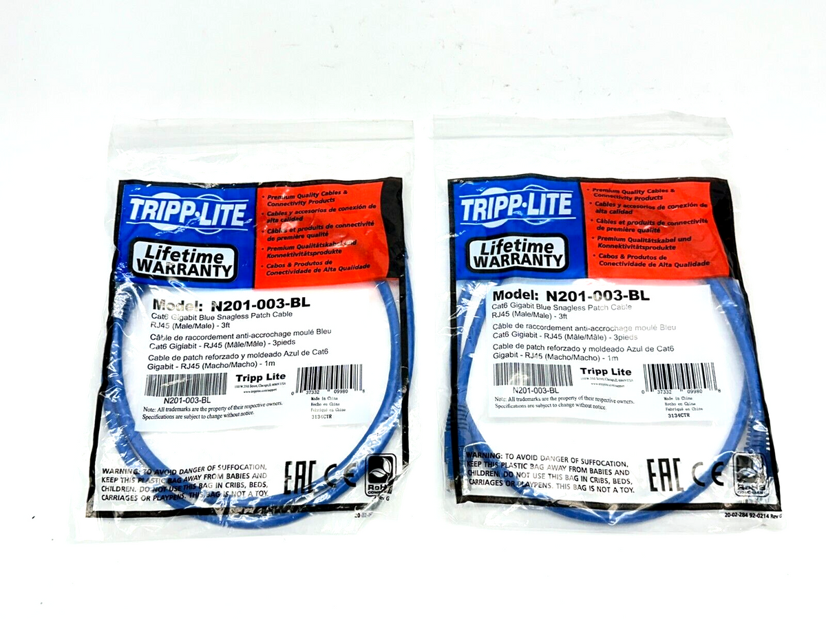 Tripp Lite N201-003-BL Cat6 Gigabit Blue Snagless Patch Cable 3ft LOT OF 2 - Maverick Industrial Sales