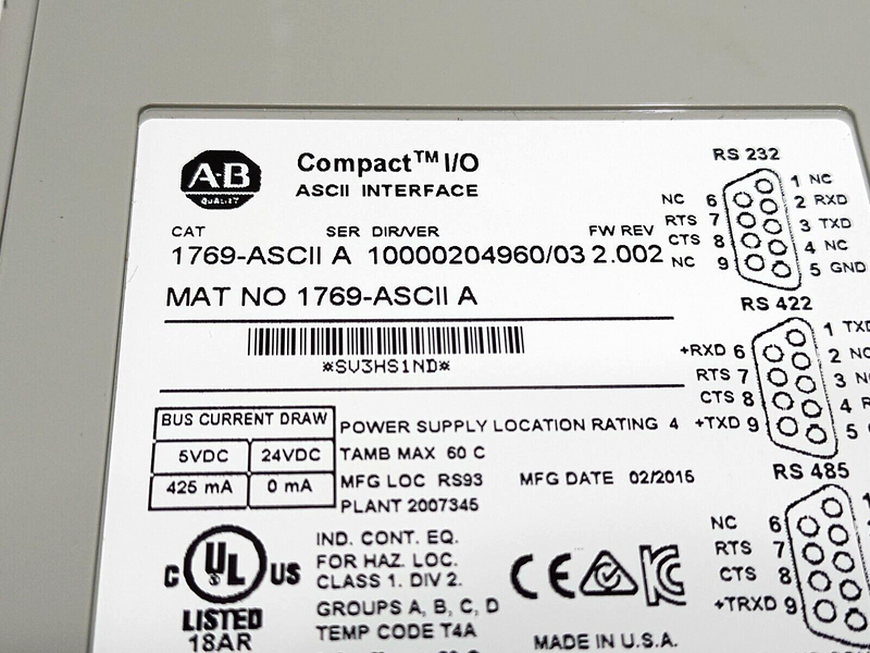 Allen Bradley 1769-ASCII Ser. A CompactLogix Compact I/O ASCII Interface Module - Maverick Industrial Sales