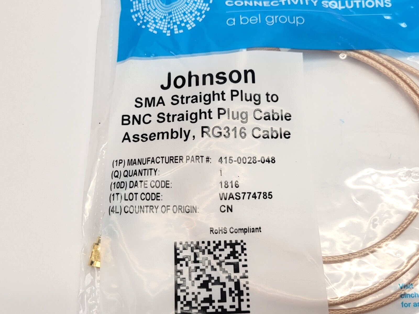 Cinch Connectivity 415-0028-048 SM Plug to BNC Plug Cable Assembly Coaxial Cable - New - Maverick Industrial Sales