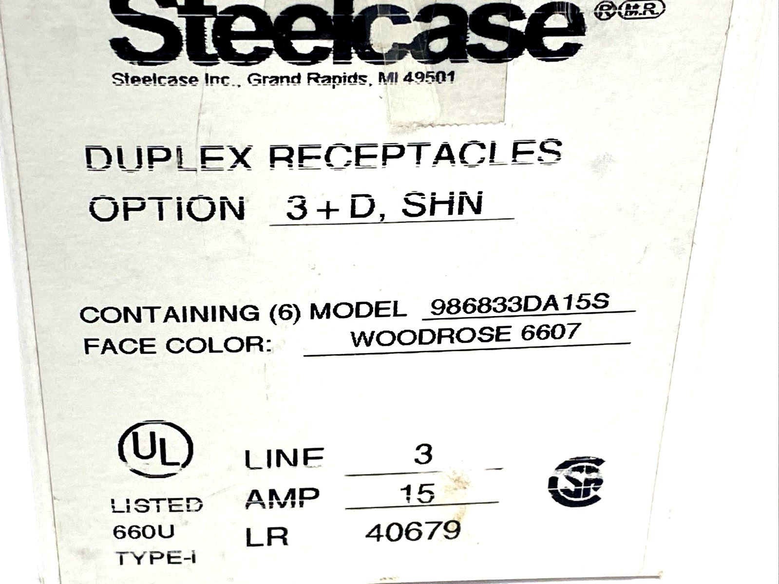 986833DA15S,6608 | Steelcase 986833DA15S Line 3 Duplex Receptacles 3+D, SHN, Woodrose 6607 6-PK - New – Open box - Maverick Industrial Sales