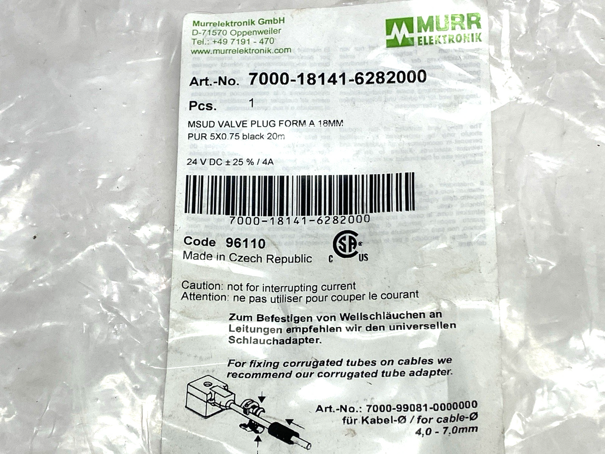 7000-18141-6282000 | Murrelektronik MSUD Valve Plug Form A w/ Cable 20m - New – Open box - Maverick Industrial Sales