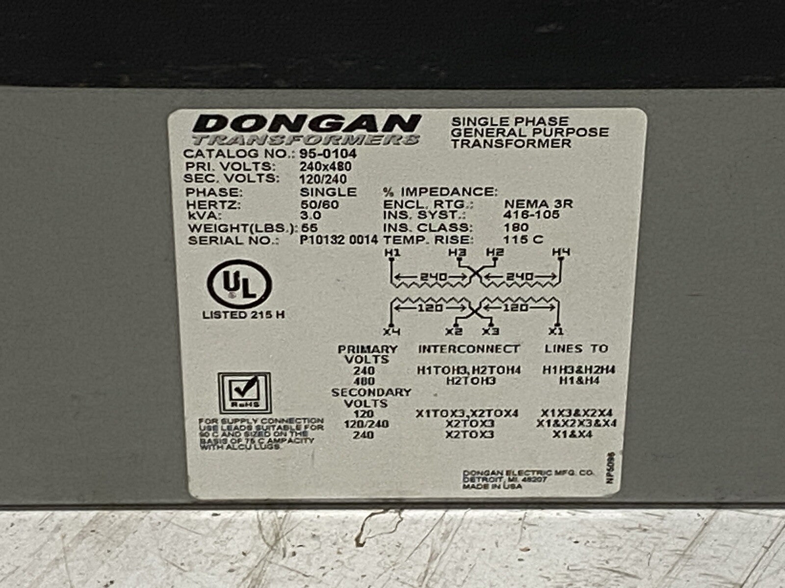 Dongan 95-0104 General Purpose Transformer 3KVA 240x480V 120/240V 1PH - Maverick Industrial Sales