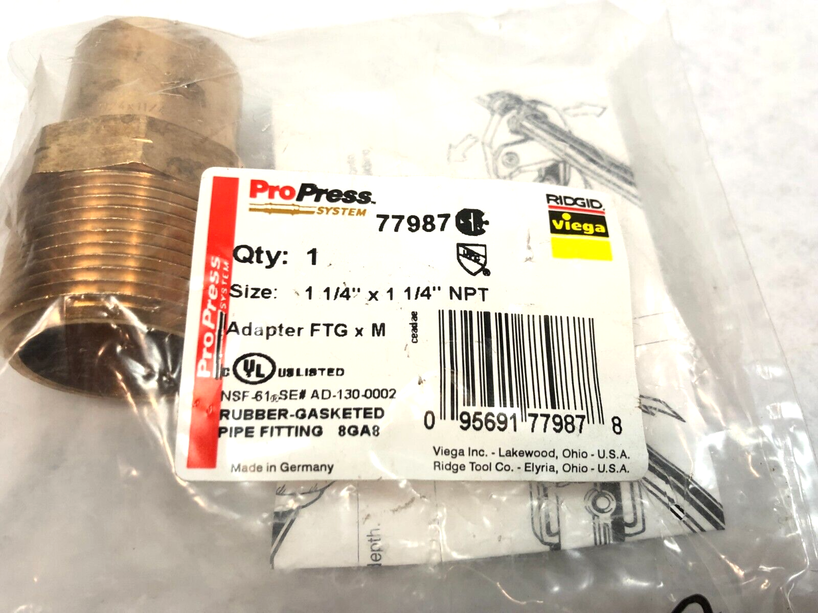 Viega 77987 ProPress Adapter Fitting, 1-1/4" x 1-1/4" FTG x M, Male - Maverick Industrial Sales