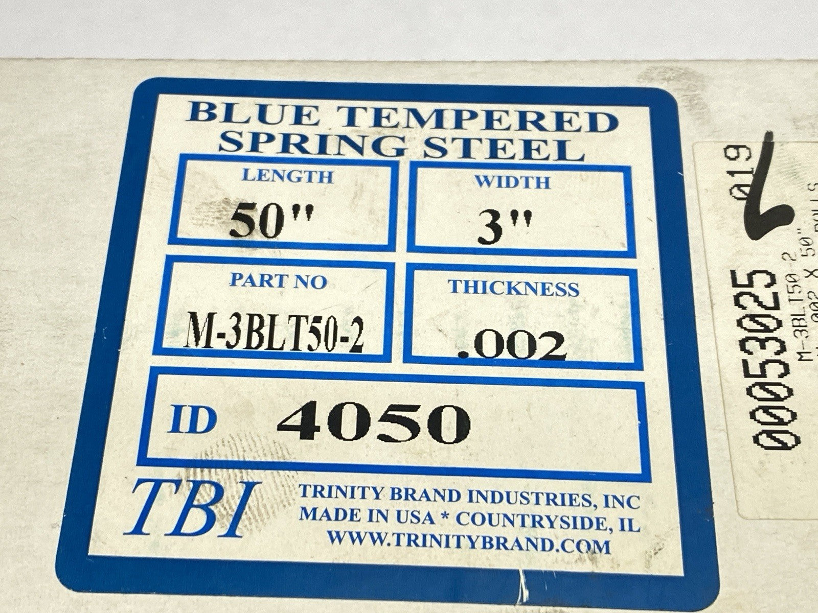 TBI M-3BLT50-2 Blue Tempered Spring Steel 3" Width 0.002" Thick 50" Length - Maverick Industrial Sales